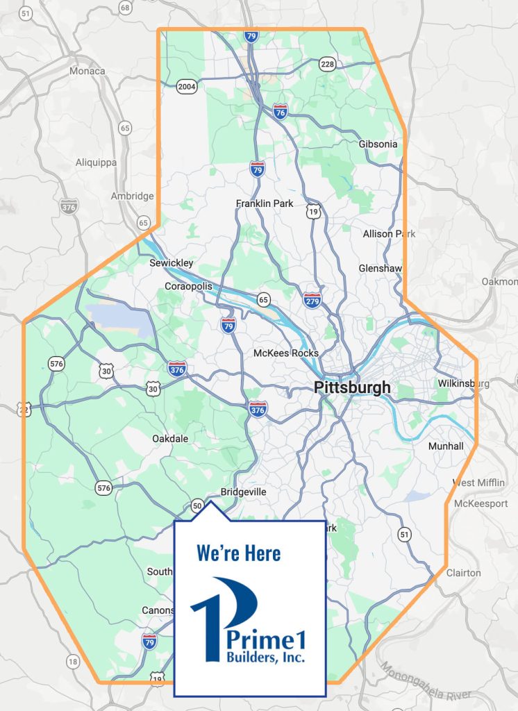 Map showing the Pittsburgh area and surrounding neighborhoods with an outlined service region for Prime 1 Builders, Inc., a custom home builder Pittsburgh trusts. Logo and text "We're Here" appear at the bottom center.